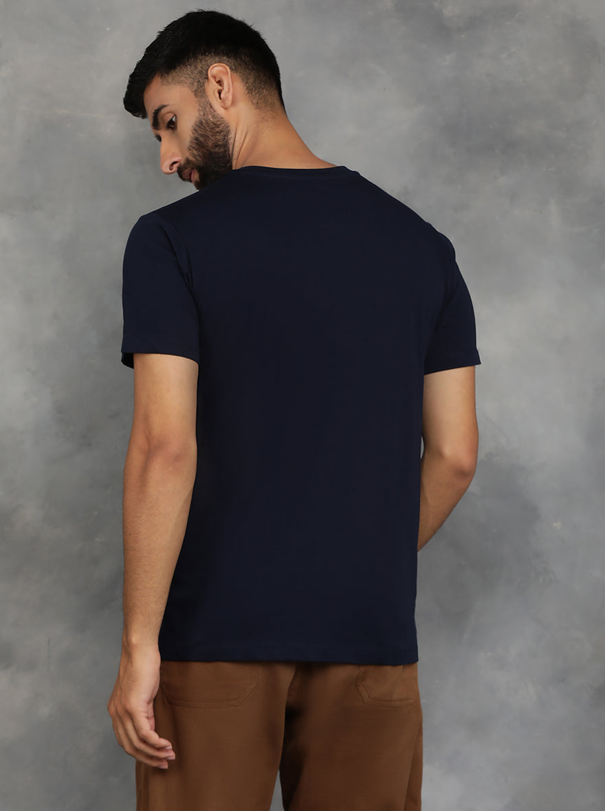 Navy Blue Printed Slim Fit T-Shirt | pehervi