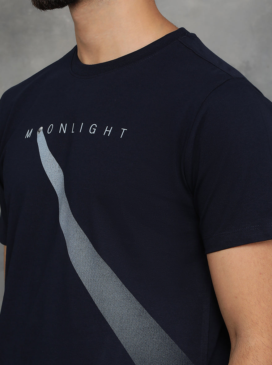 Navy Blue Printed Slim Fit T-Shirt | pehervi