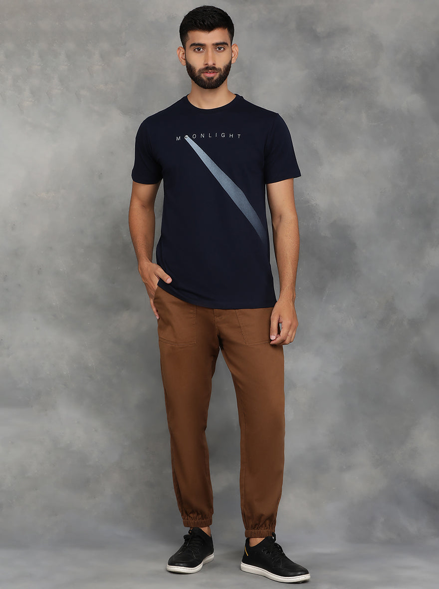 Navy Blue Printed Slim Fit T-Shirt | pehervi