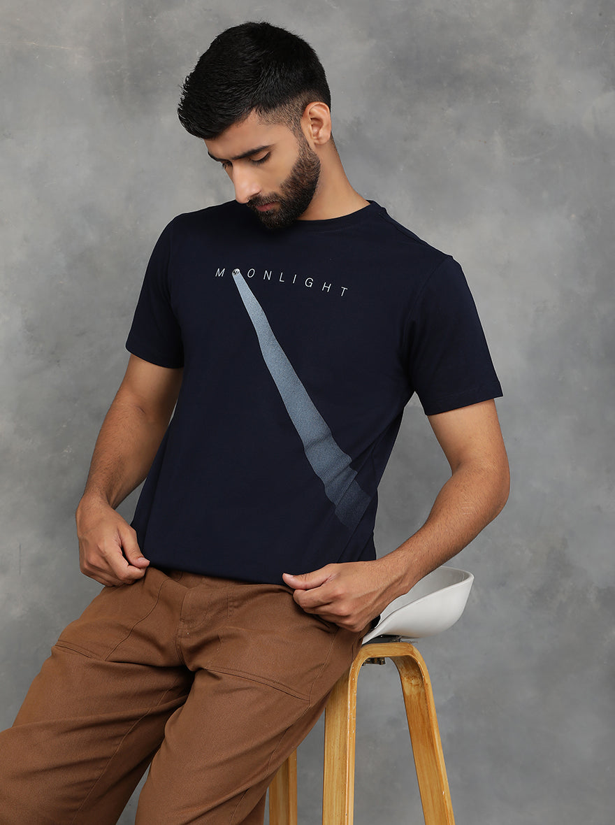 Navy Blue Printed Slim Fit T-Shirt | pehervi