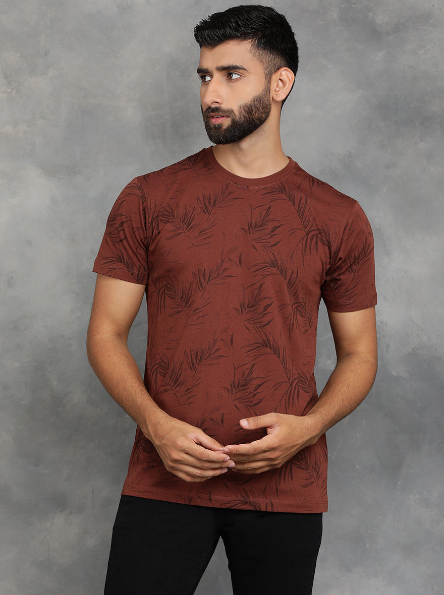 Brown Printed Slim Fit T-Shirt | pehervi