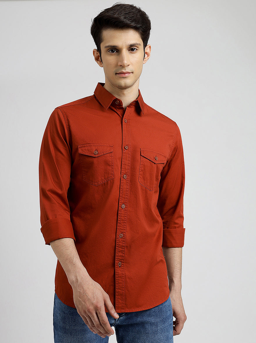 Rust Solid Slim Fit Casual Shirt | pehervi