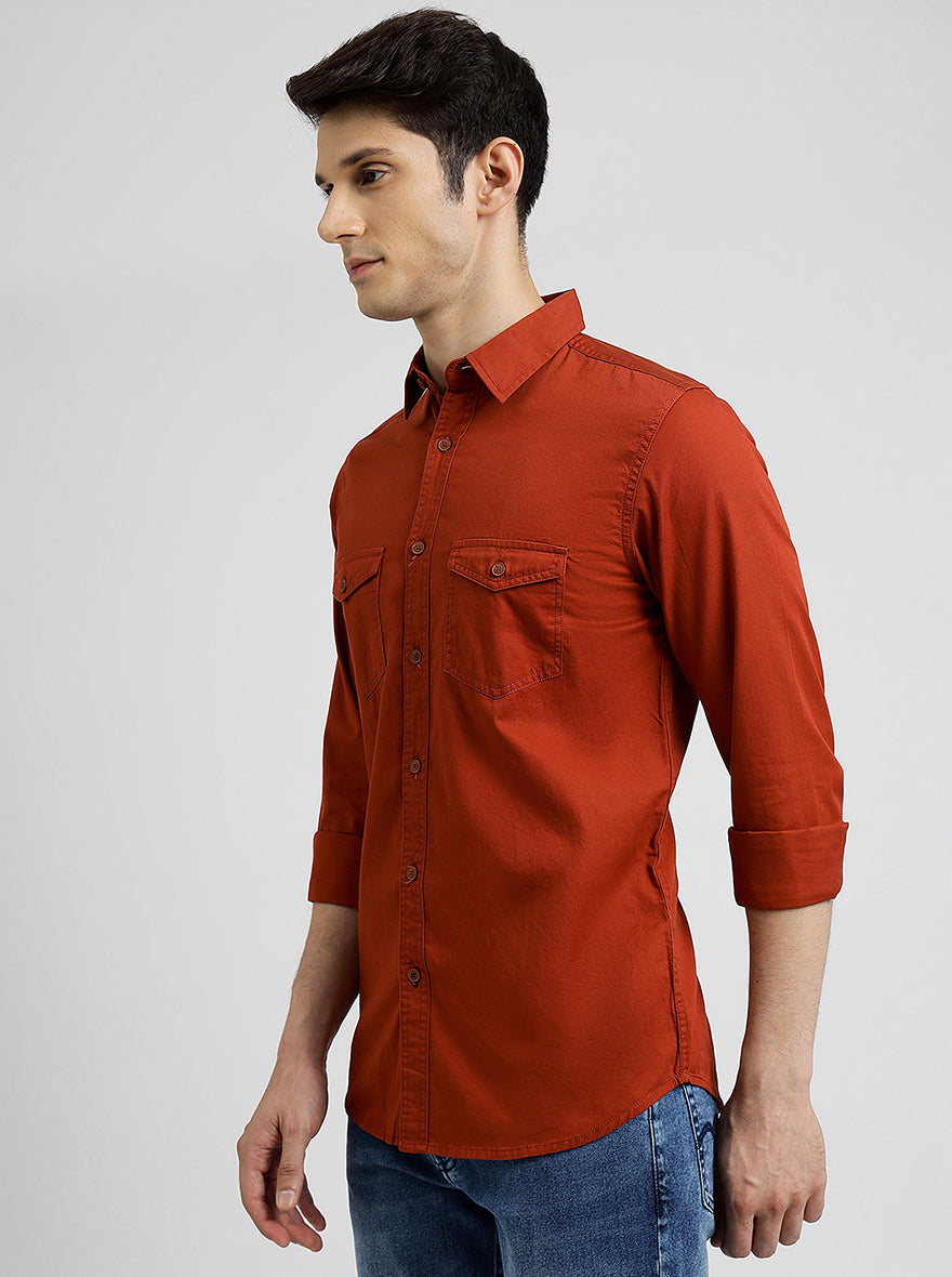 Rust Solid Slim Fit Casual Shirt | pehervi