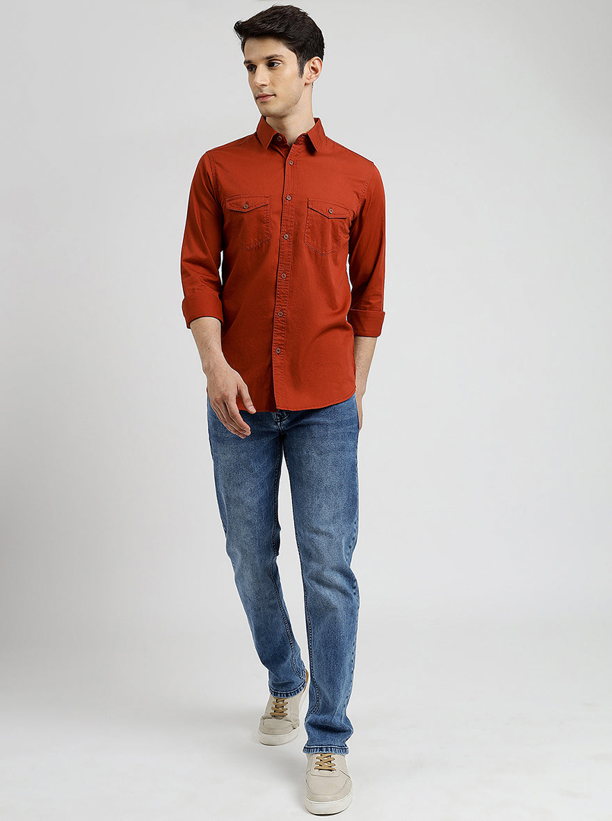 Rust Solid Slim Fit Casual Shirt | pehervi