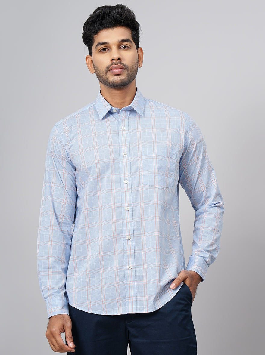 Light Blue Checked Smart Fit Semi Casual Shirt | Pehervi
