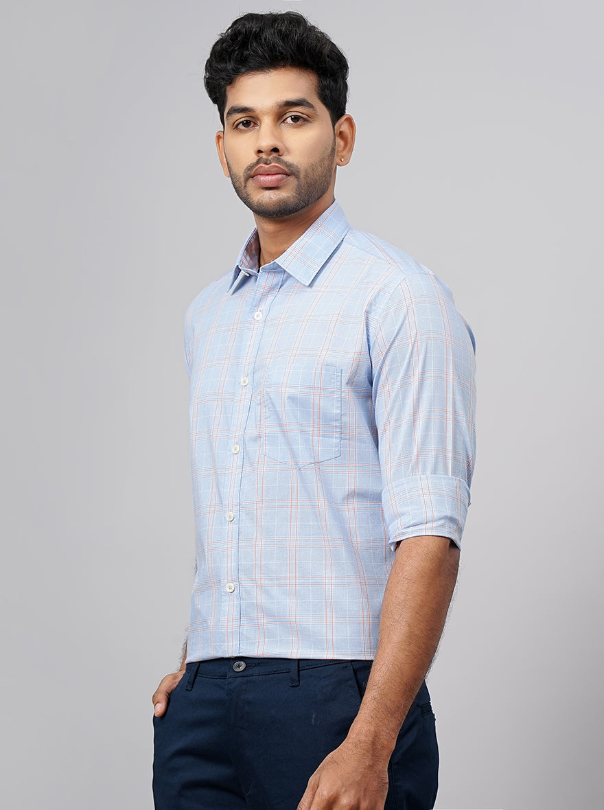 Light Blue Checked Smart Fit Semi Casual Shirt | Pehervi
