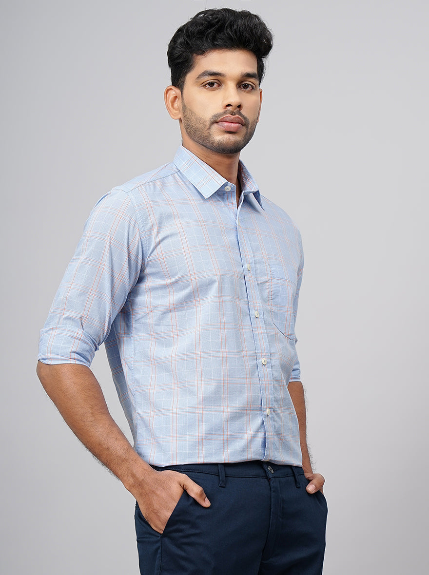 Light Blue Checked Smart Fit Semi Casual Shirt | Pehervi