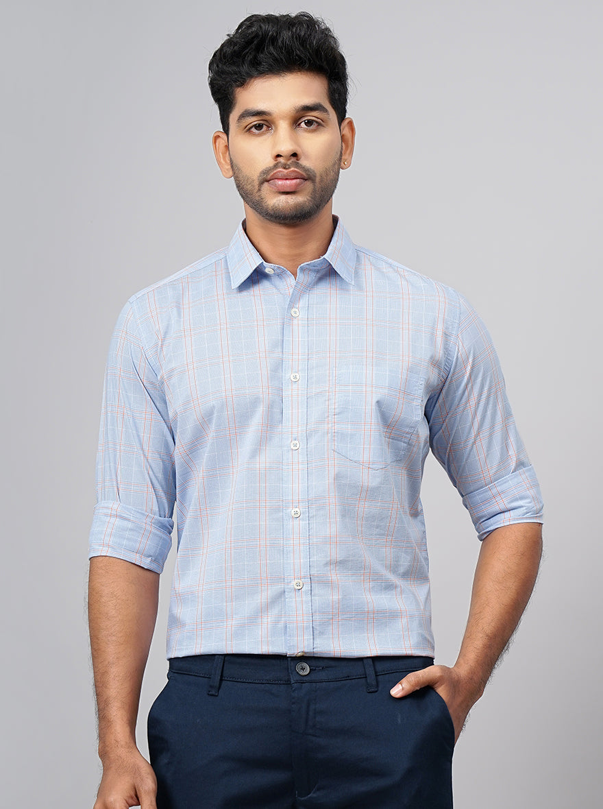 Light Blue Checked Smart Fit Semi Casual Shirt | Pehervi
