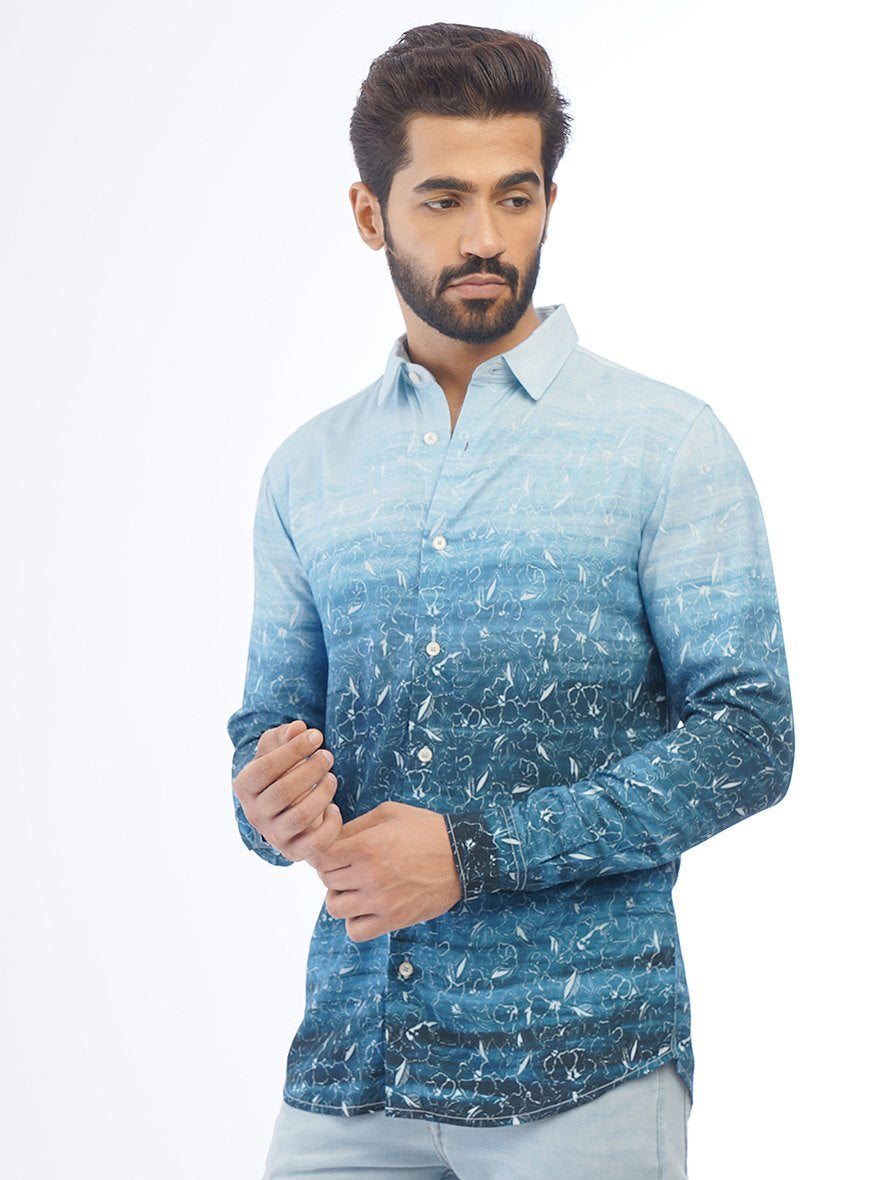 Blue Printed Slim Fit Casual Shirt | pehervi