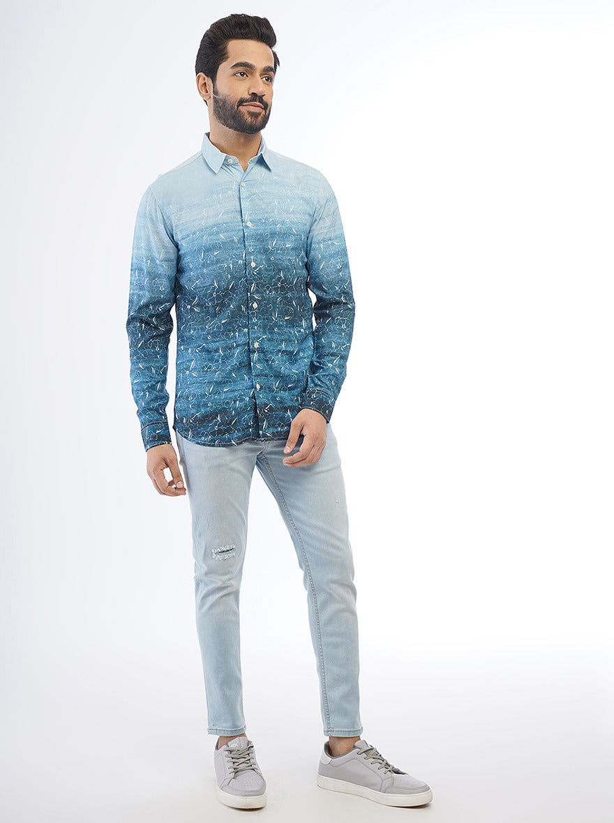 Blue Printed Slim Fit Casual Shirt | pehervi