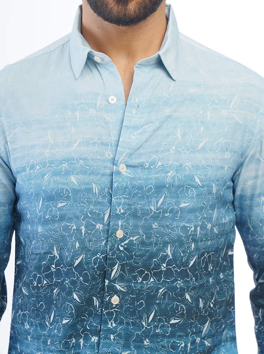 Blue Printed Slim Fit Casual Shirt | pehervi