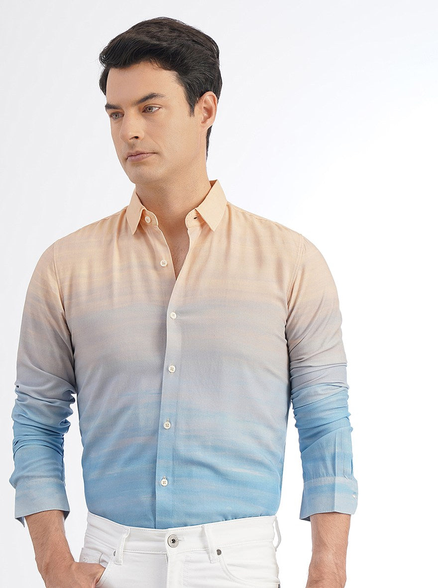 Peach Printed Slim Fit Casual Shirt | pehervi