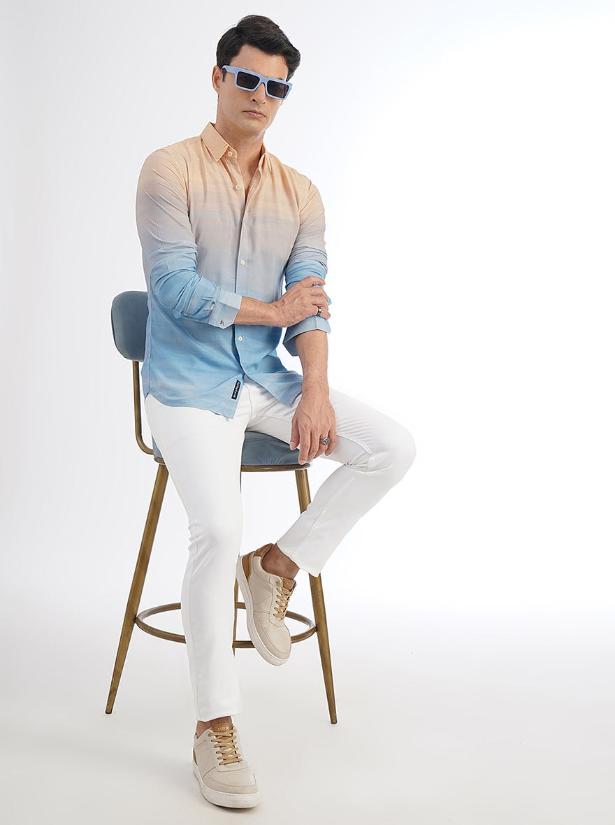 Peach Printed Slim Fit Casual Shirt | pehervi