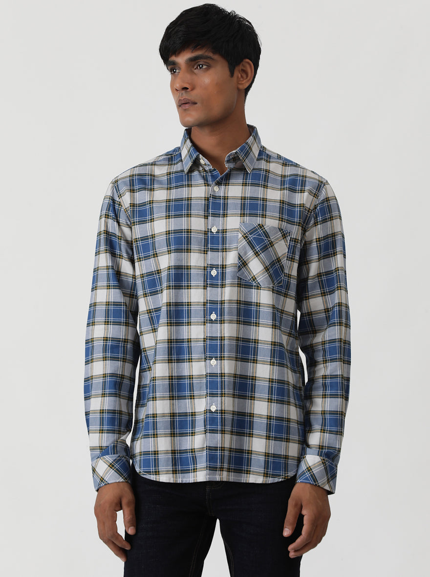 Blue Checked Slim Fit Casual Shirt | pehervi
