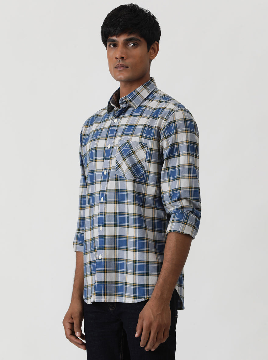 Blue Checked Slim Fit Casual Shirt | pehervi