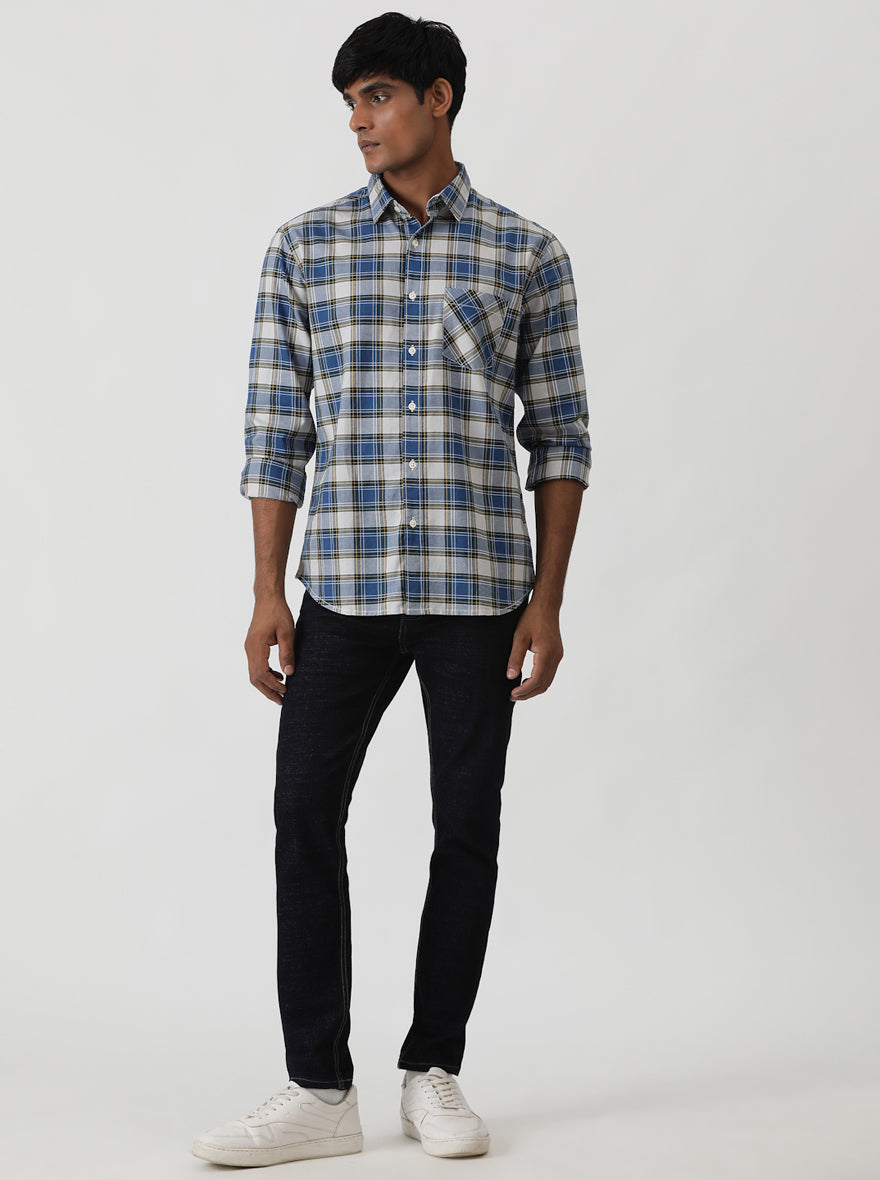 Blue Checked Slim Fit Casual Shirt | pehervi