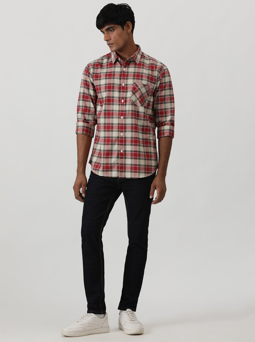 Red Checked Slim Fit Casual Shirt | pehervi