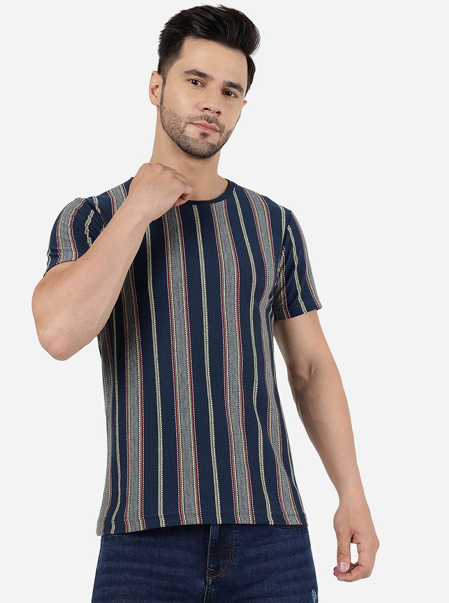 Blue & Yellow Striped Slim Fit T-Shirt | pehervi