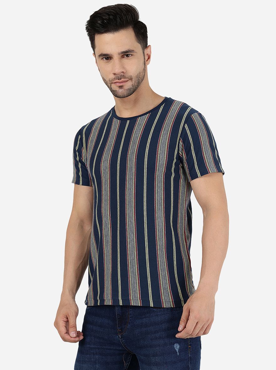 Blue & Yellow Striped Slim Fit T-Shirt | pehervi