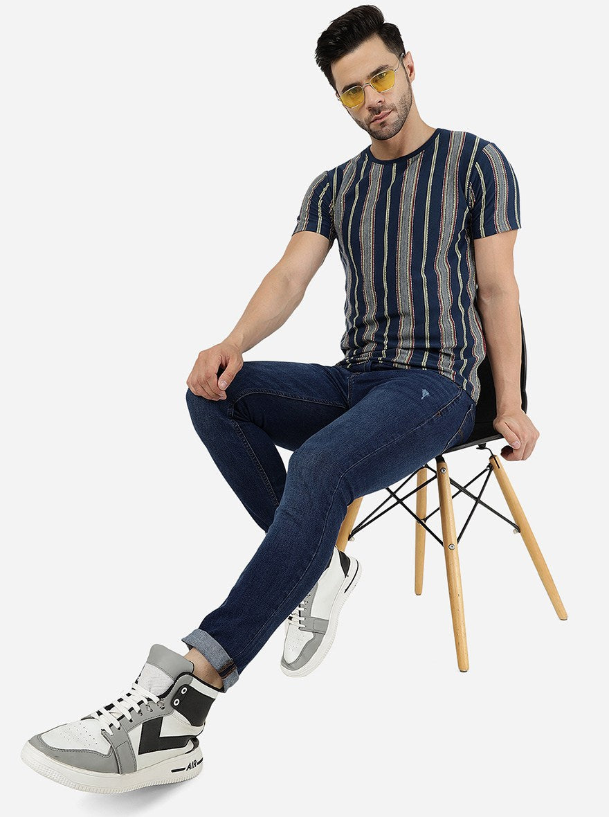 Blue & Yellow Striped Slim Fit T-Shirt | pehervi