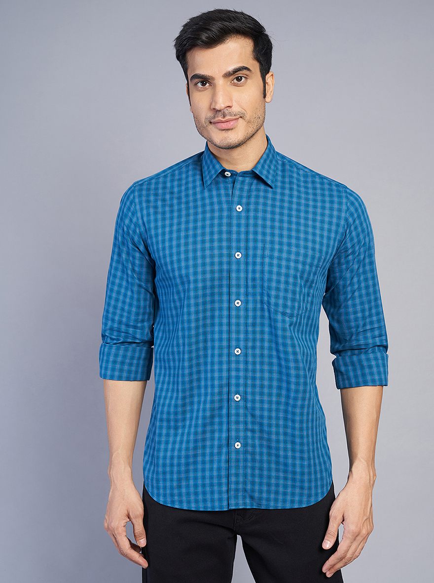 Blue Checked Slim Fit Semi Casual Shirt | Pehervi