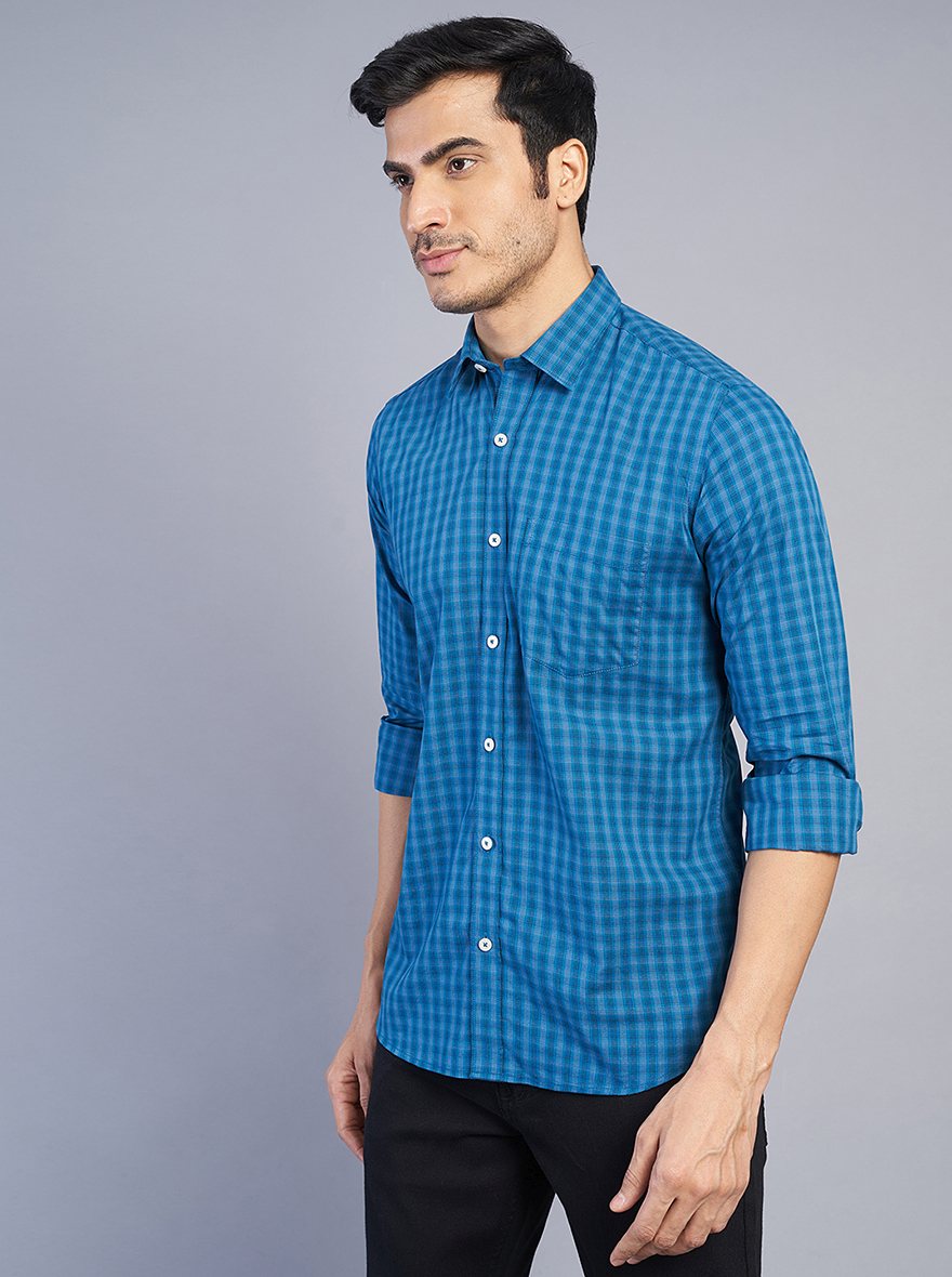 Blue Checked Slim Fit Semi Casual Shirt | Pehervi