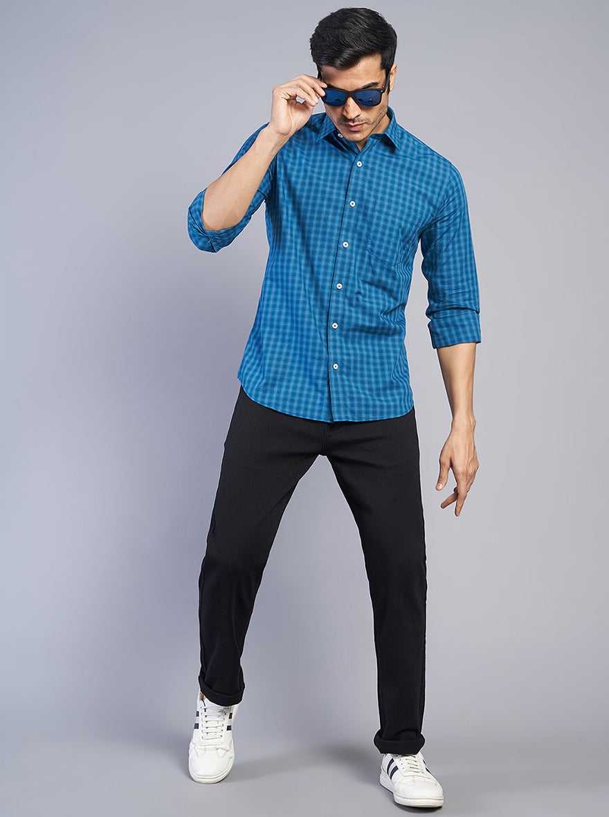 Blue Checked Slim Fit Semi Casual Shirt | Pehervi
