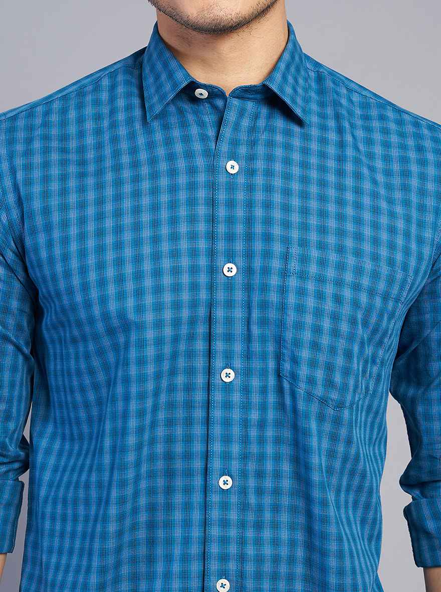 Blue Checked Slim Fit Semi Casual Shirt | Pehervi