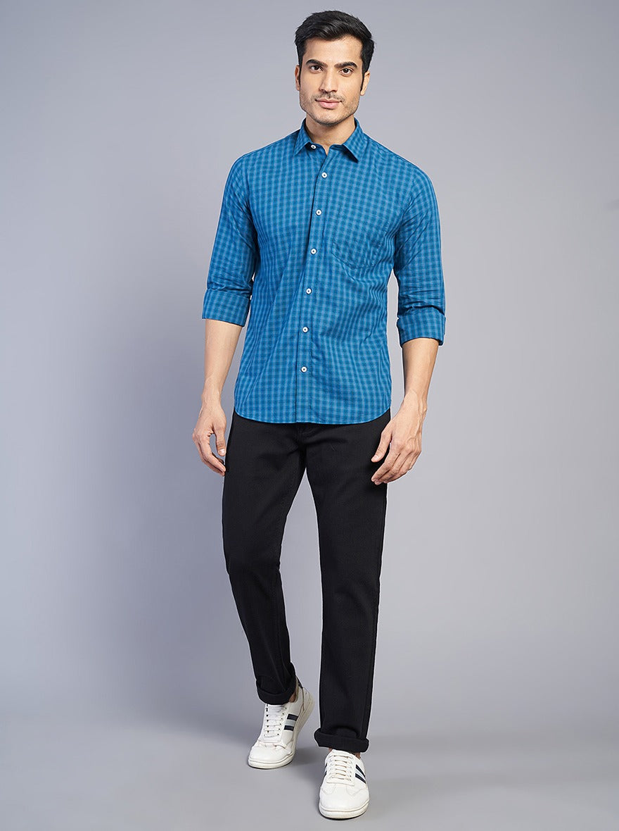 Blue Checked Slim Fit Semi Casual Shirt | Pehervi