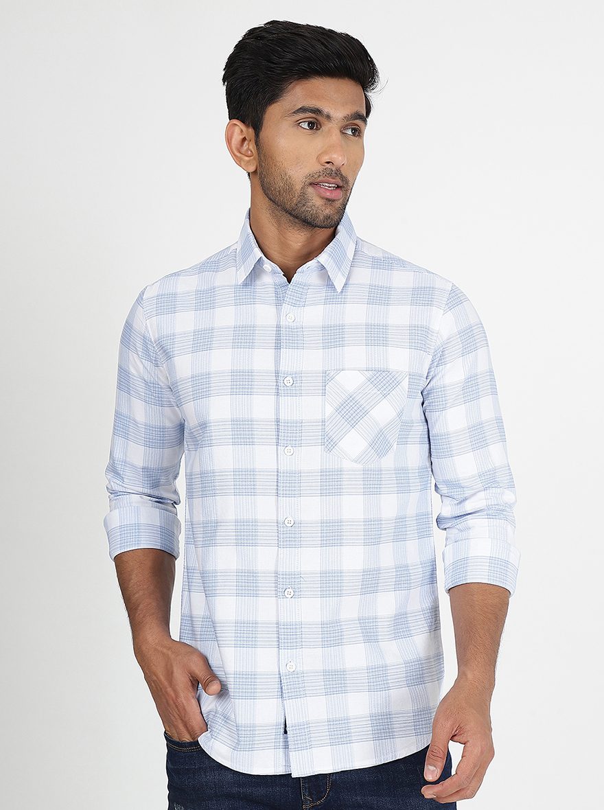 Light Blue Checked Slim Fit Casual Shirt | pehervi