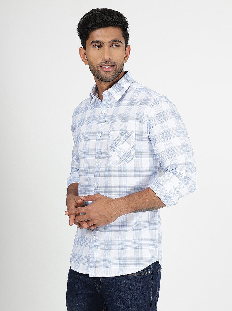 Light Blue Checked Slim Fit Casual Shirt | pehervi