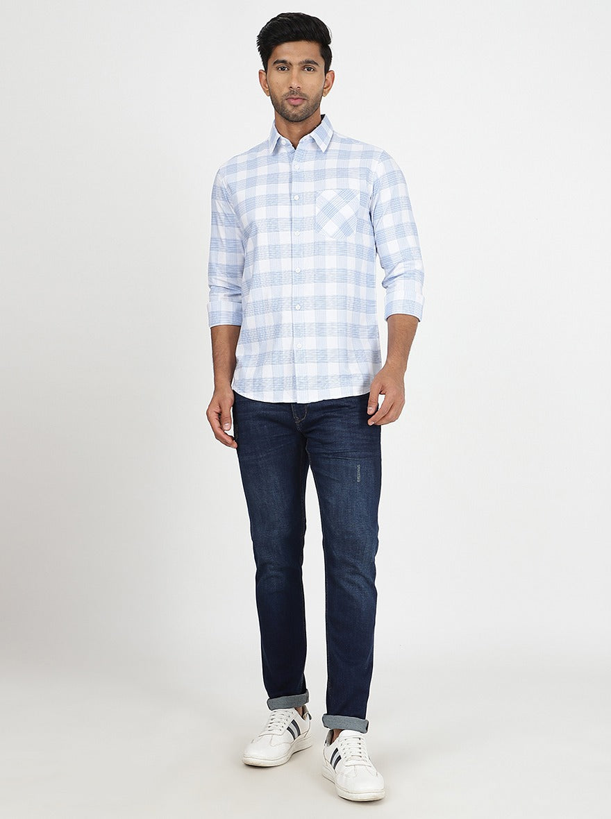 Light Blue Checked Slim Fit Casual Shirt | pehervi