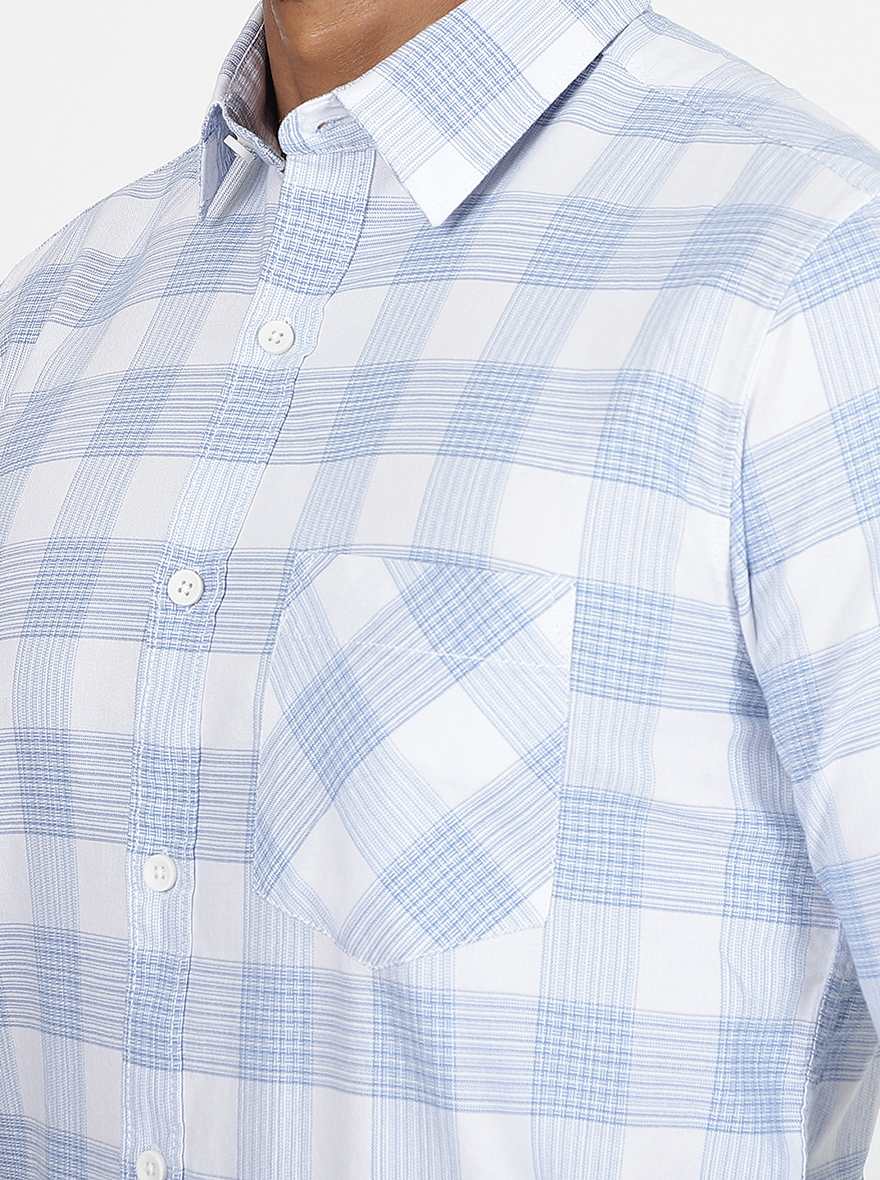 Light Blue Checked Slim Fit Casual Shirt | pehervi