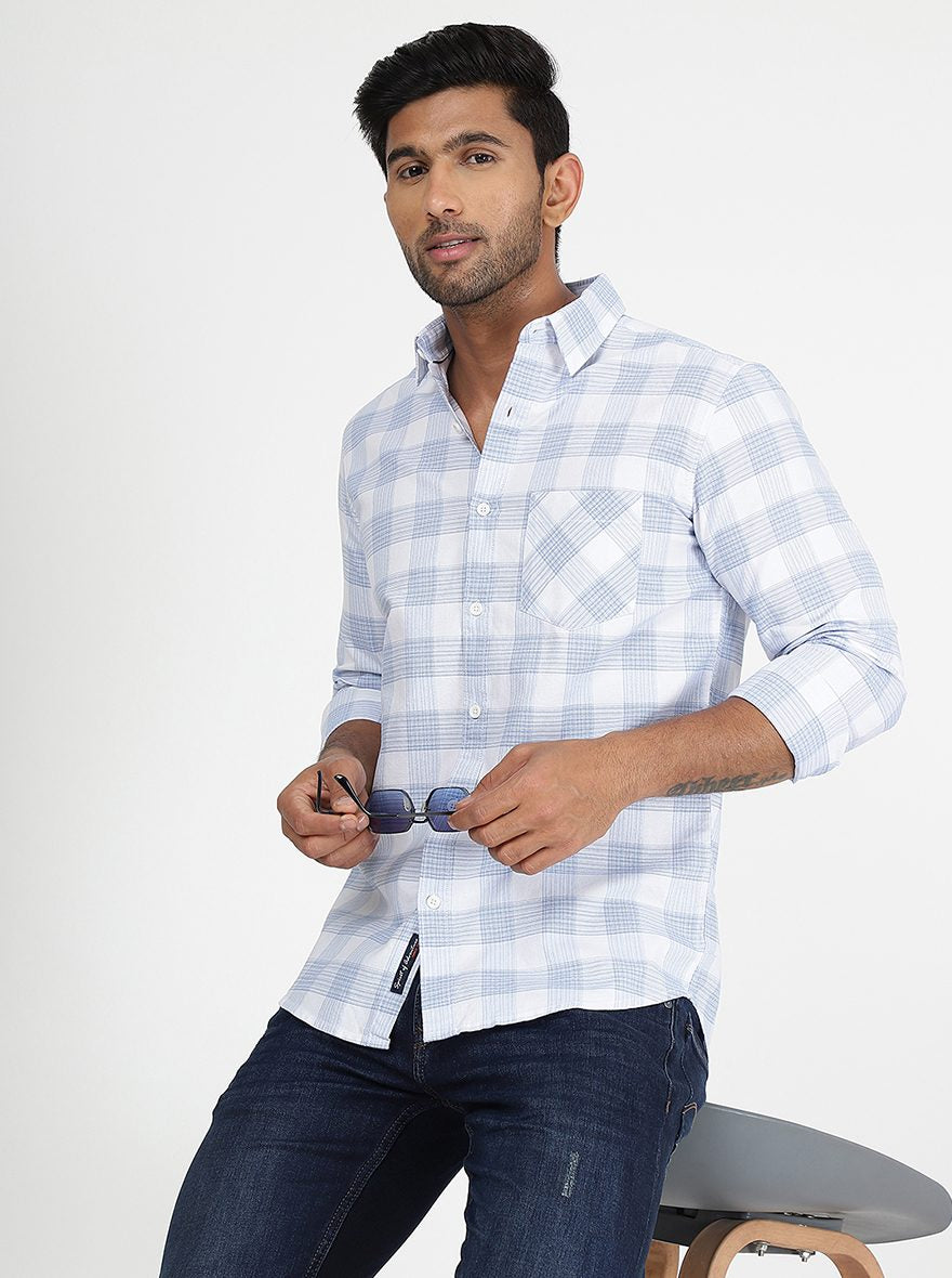 Light Blue Checked Slim Fit Casual Shirt | pehervi