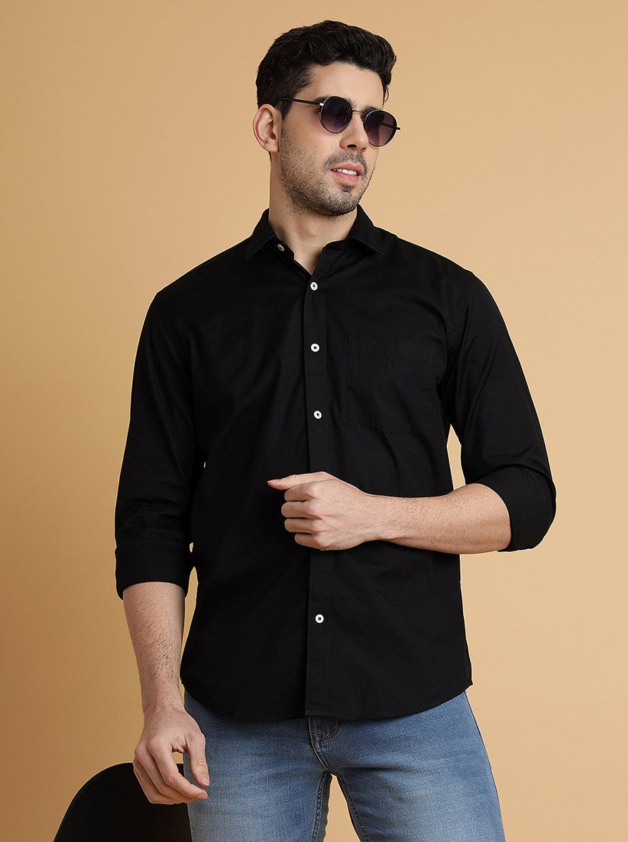 Black Solid Slim Fit Semi Casual Shirt | Pehervi