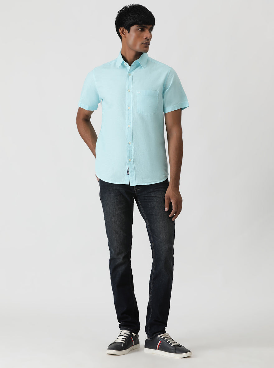 Sky Blue Solid Slim Fit Casual Shirt | pehervi