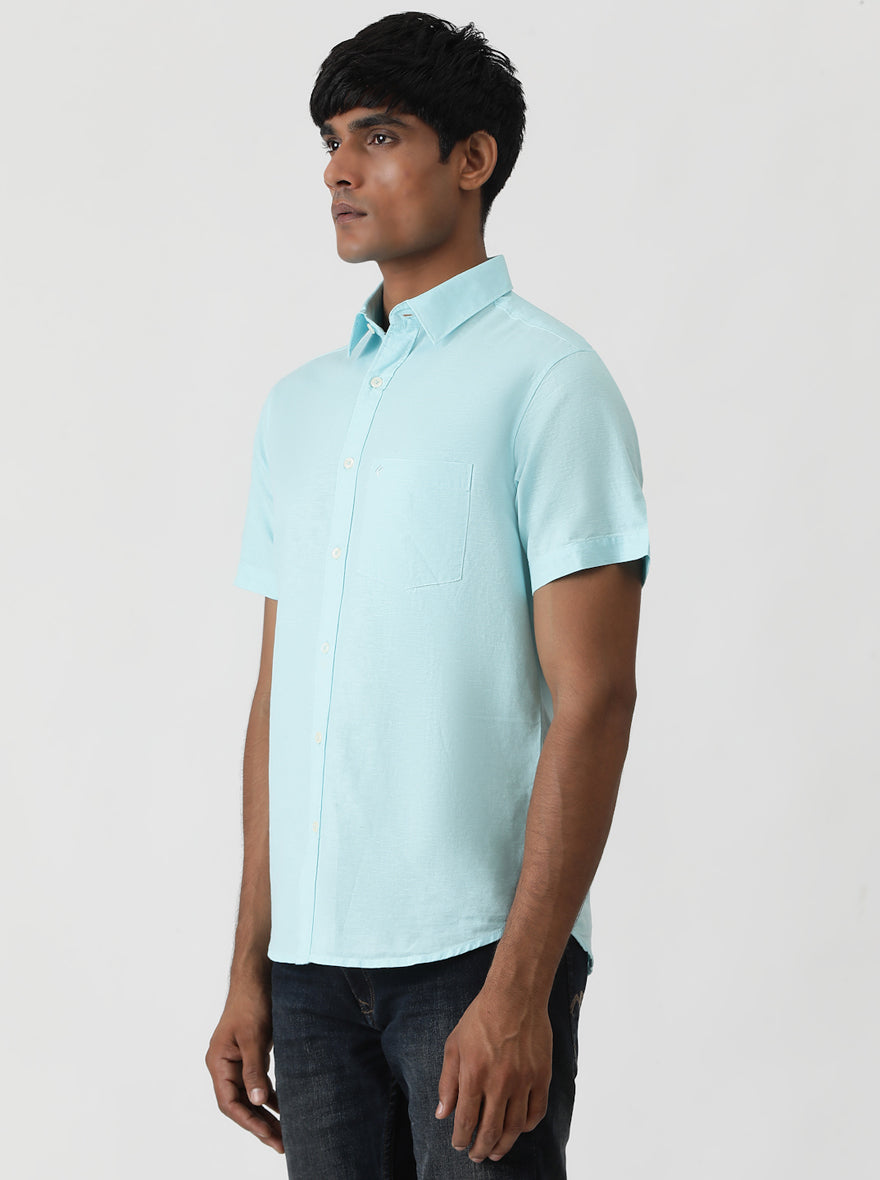 Sky Blue Solid Slim Fit Casual Shirt | pehervi
