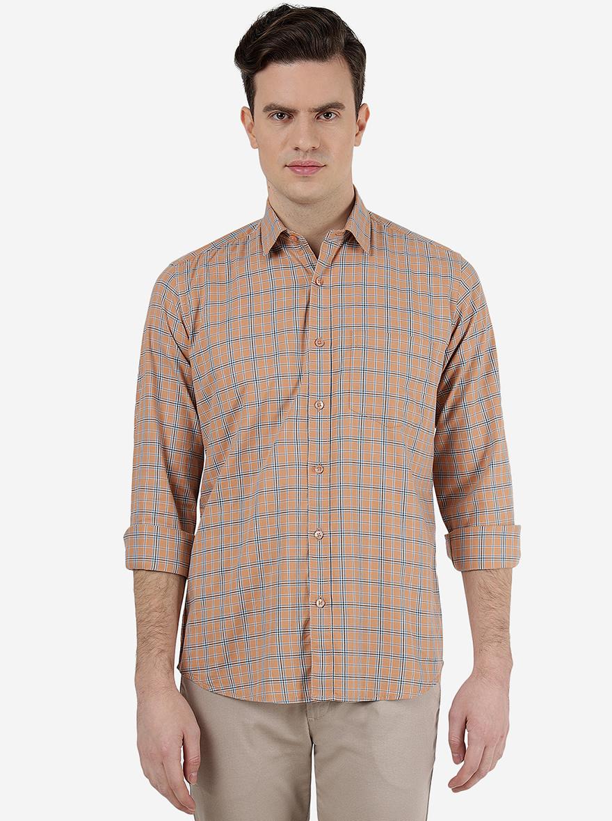 Orange Checked Slim Fit Semi Casual Shirt | Pehervi