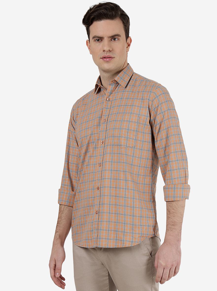 Orange Checked Slim Fit Semi Casual Shirt | Pehervi