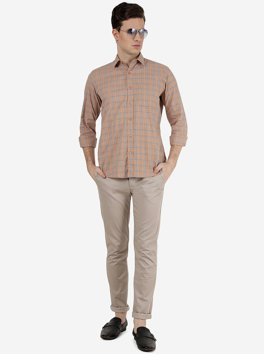 Orange Checked Slim Fit Semi Casual Shirt | Pehervi