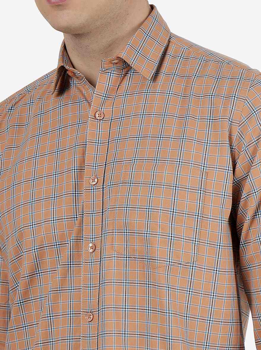Orange Checked Slim Fit Semi Casual Shirt | Pehervi