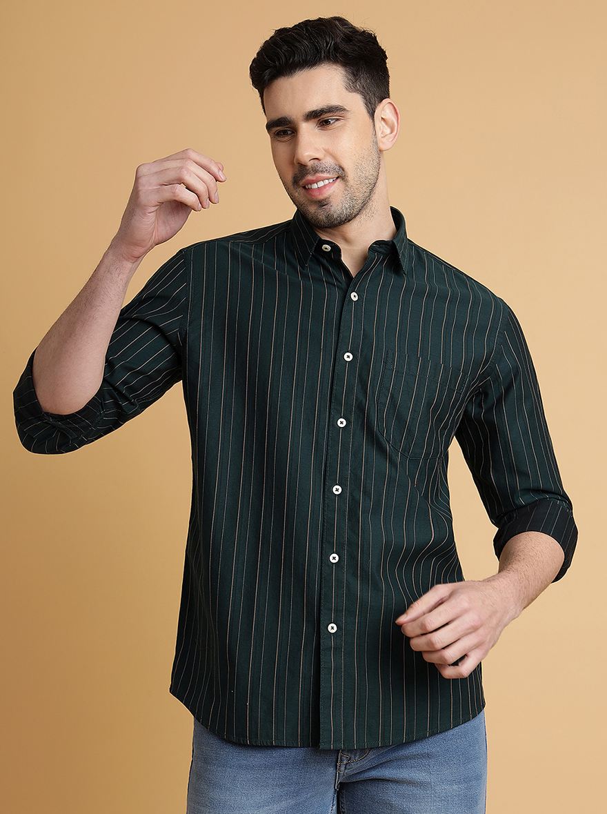 Bottle Green Striped Slim Fit Semi Casual Shirt | Pehervi