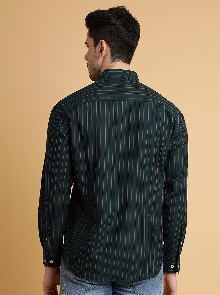 Bottle Green Striped Slim Fit Semi Casual Shirt | Pehervi