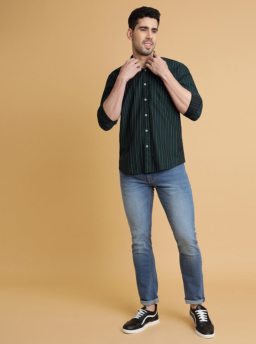 Bottle Green Striped Slim Fit Semi Casual Shirt | Pehervi