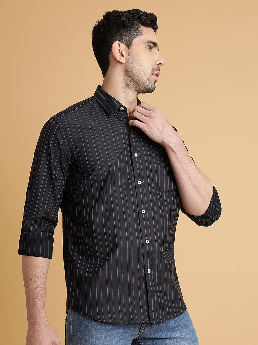 Dark Grey Striped Slim Fit Semi Casual Shirt | Pehervi