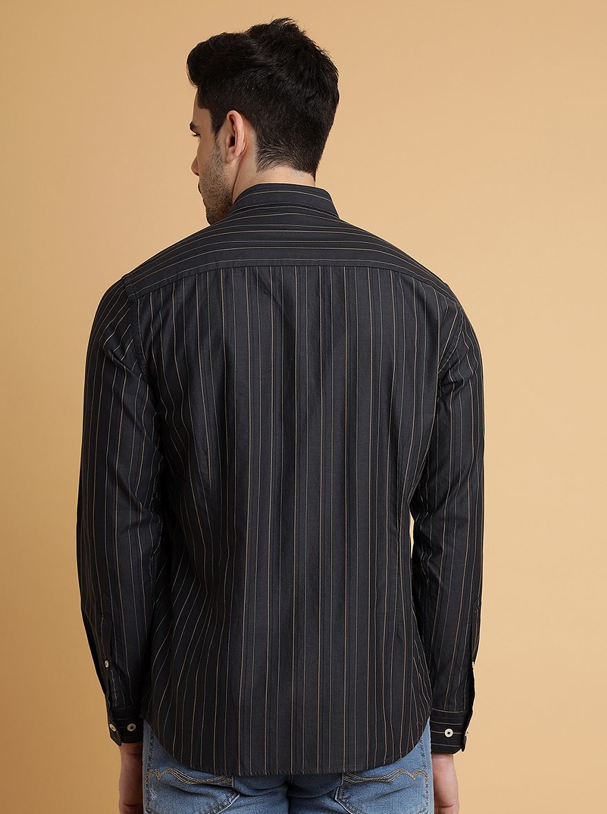 Dark Grey Striped Slim Fit Semi Casual Shirt | Pehervi