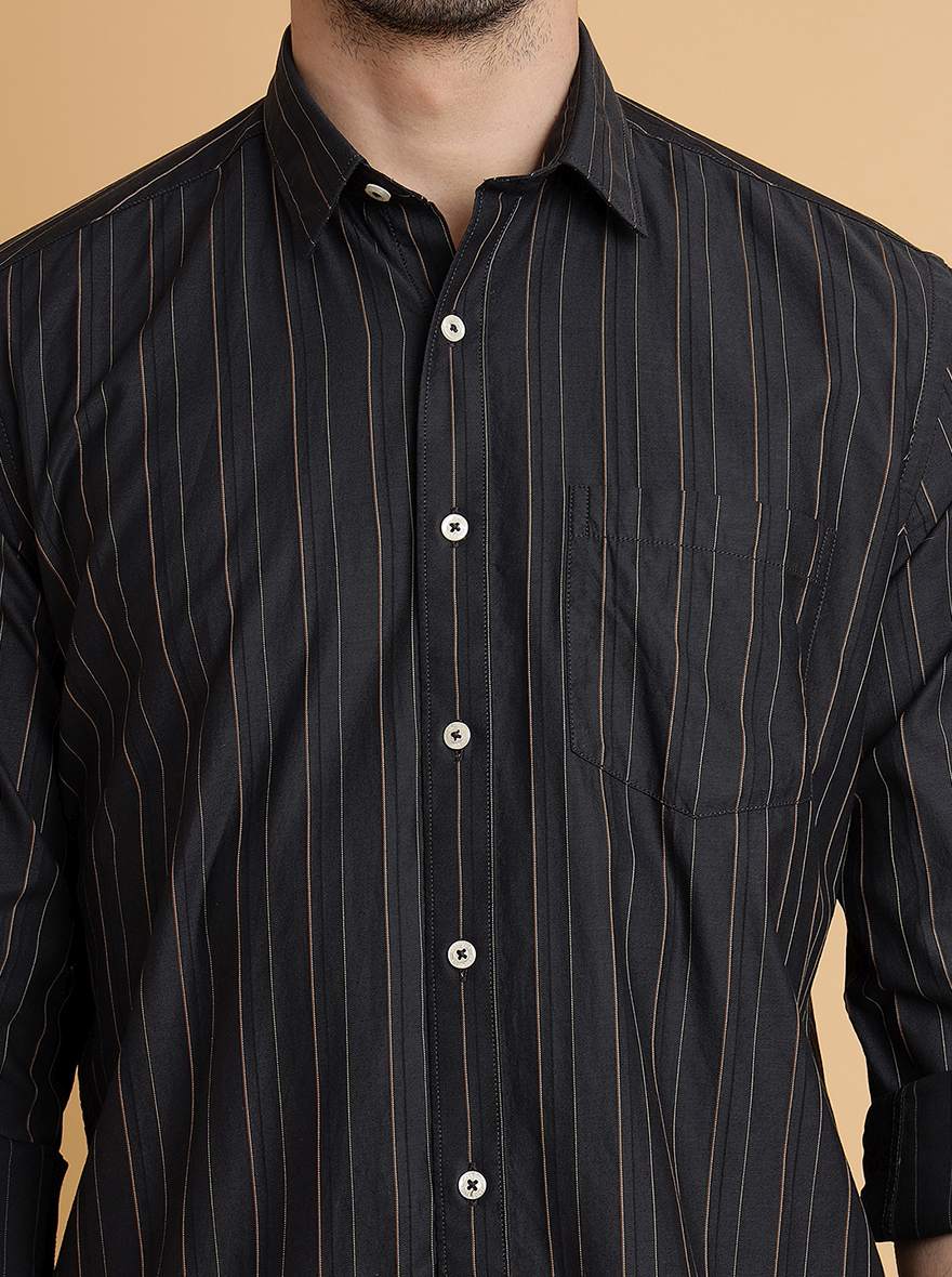 Dark Grey Striped Slim Fit Semi Casual Shirt | Pehervi