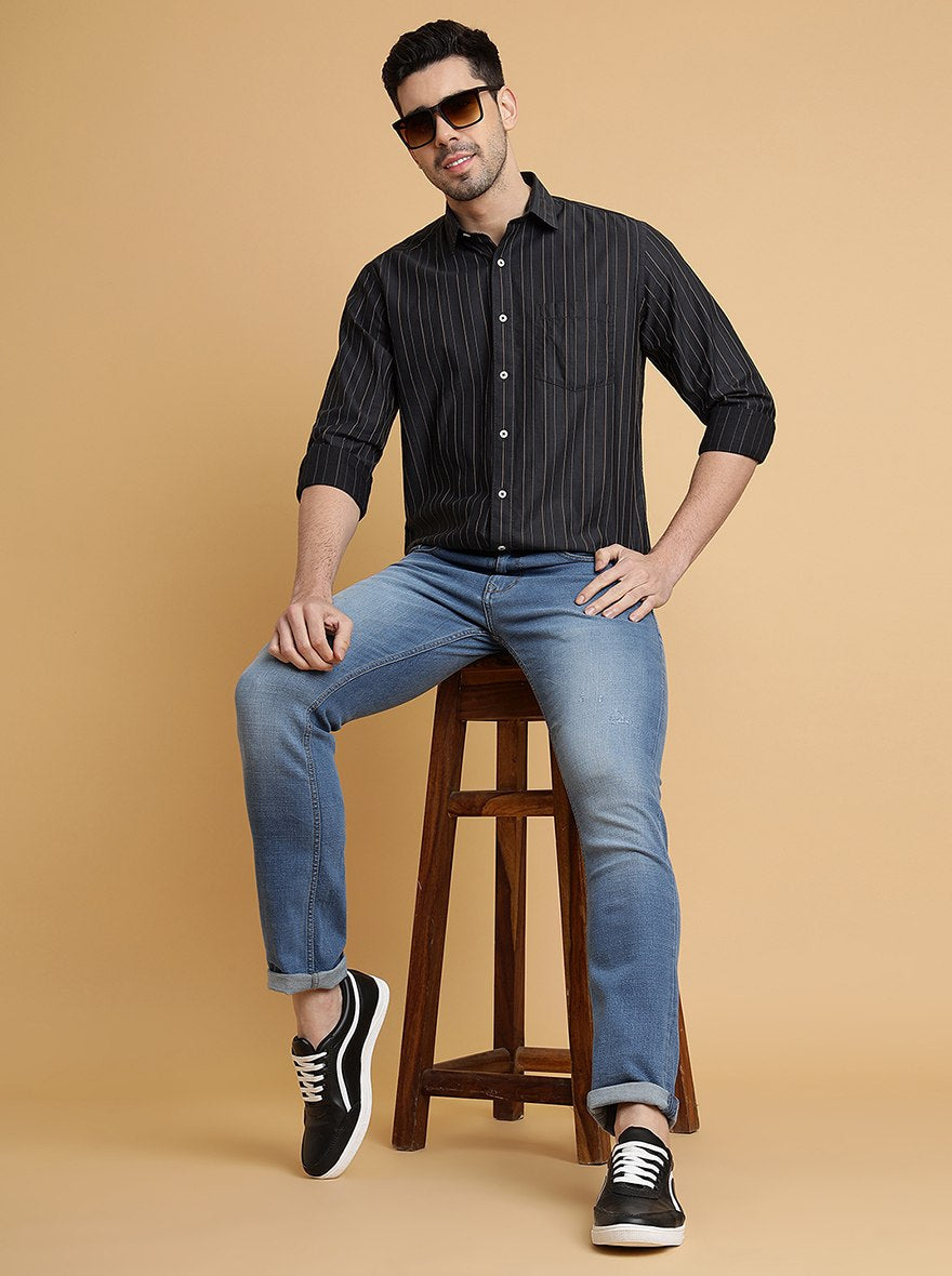 Dark Grey Striped Slim Fit Semi Casual Shirt | Pehervi