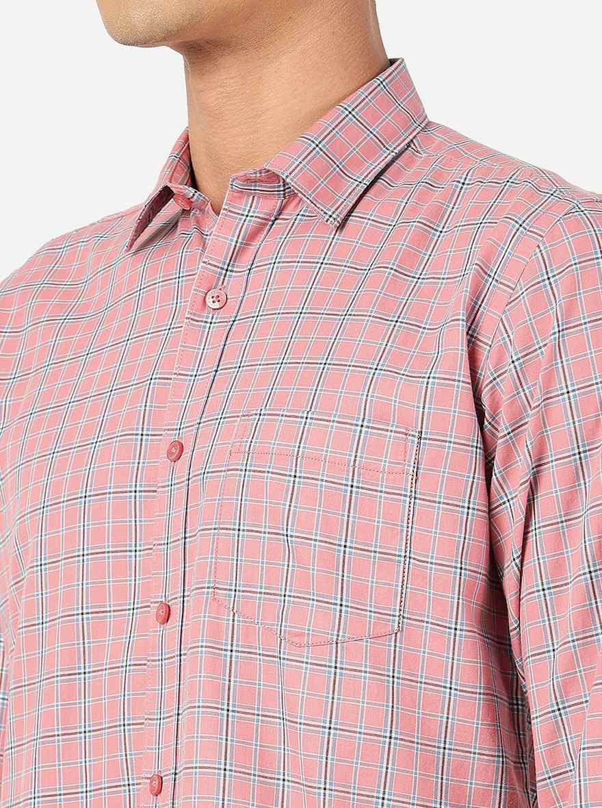 Rose Pink Checked Slim Fit Semi Casual Shirt | Pehervi