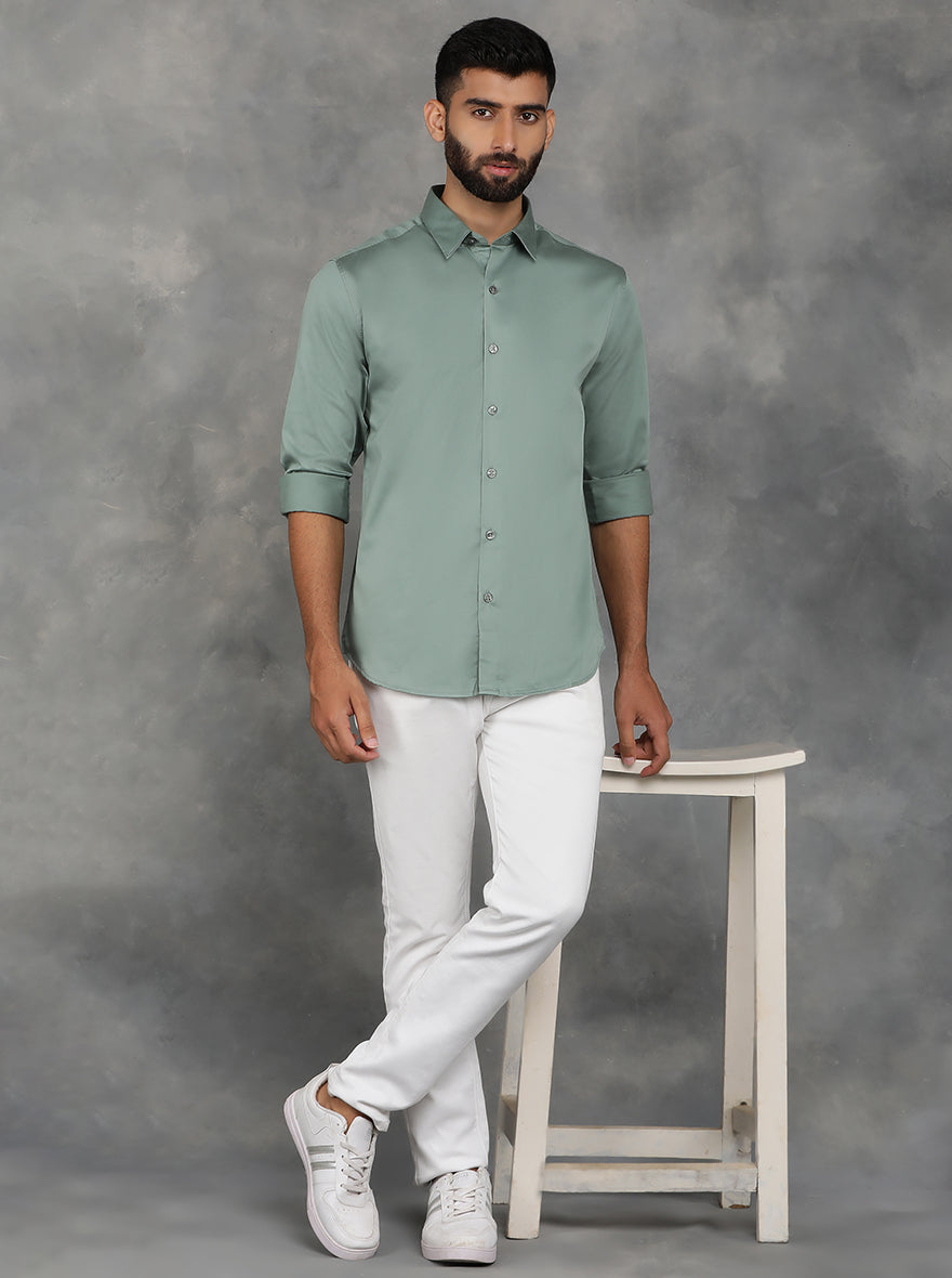 Green Solid Slim Fit Casual Shirt | pehervi